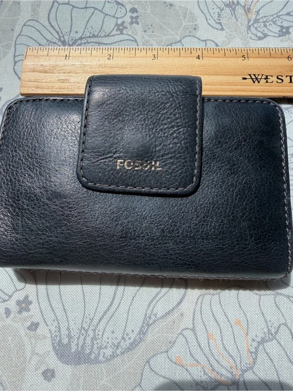 Fossil Navy Blue Leather Tab Wallet Zip Coin Pocket Card Organizer